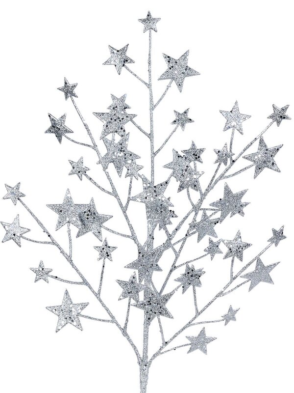 Shiny Silver Glitter & Sequin Stars Spray Long Christmas Stem | 62cm