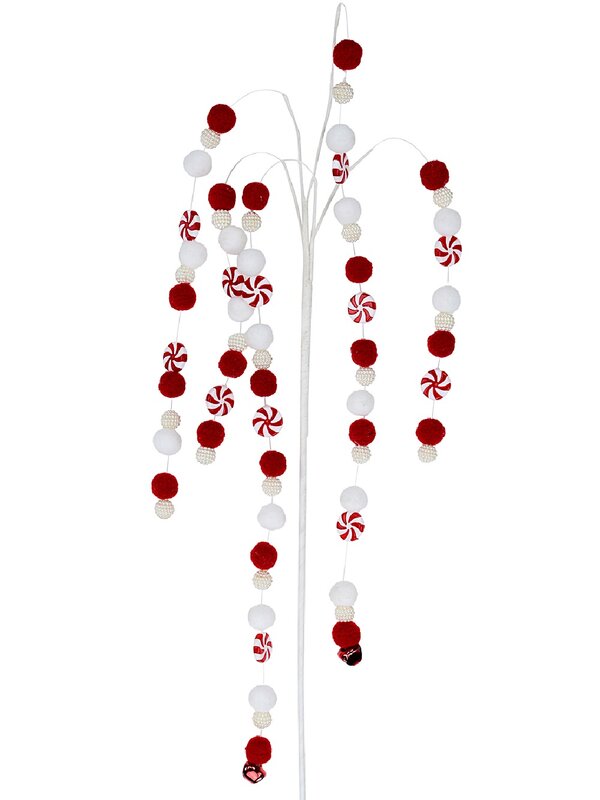Red & White Candy Balls & Bells Weeping Willow Long Christmas Stem | 65cm