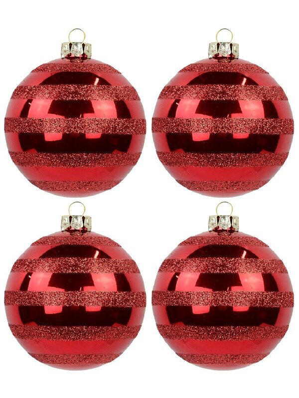 6x 70mm Festive Red Gloss Christmas Baubles With Glitter Stripes