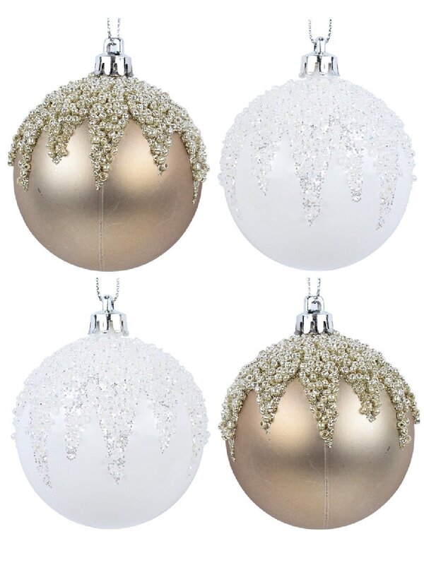 6x Opulent White & Champagne Essential Beaded Icicle Baubles | 60mm
