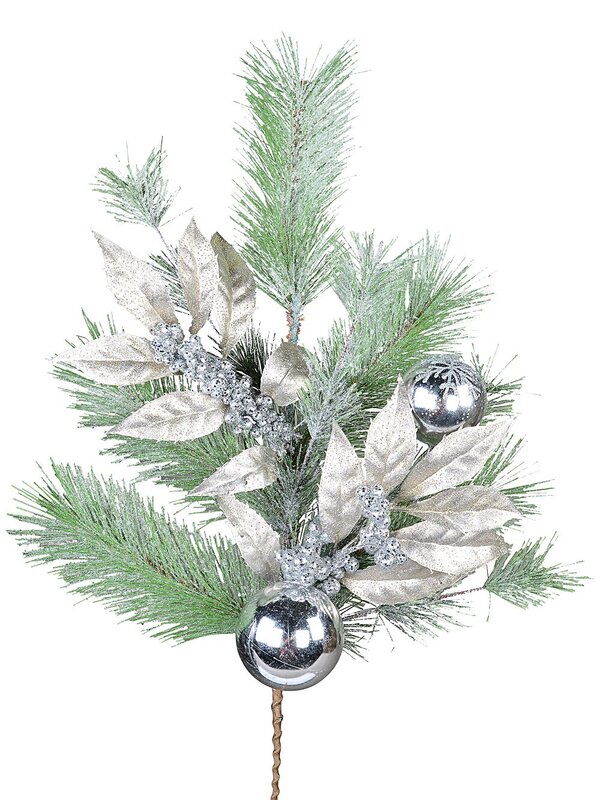 70cm Silver Berries, Glittered Leaves & Baubles Long Pine Christmas Stem