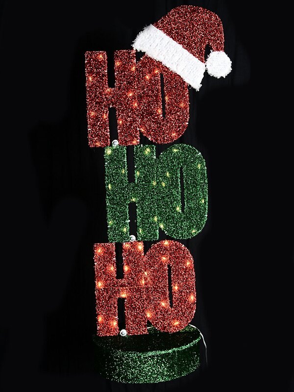 98cm Ho Ho Ho Red & Green Tinsel Mesh With Warm White LED Light Display