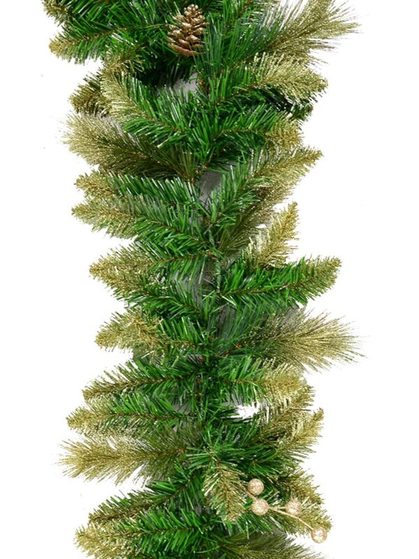 Balsam Pine Garland With 193 Gold Glittered Tips, Pine Cones & Berries - 2.7m