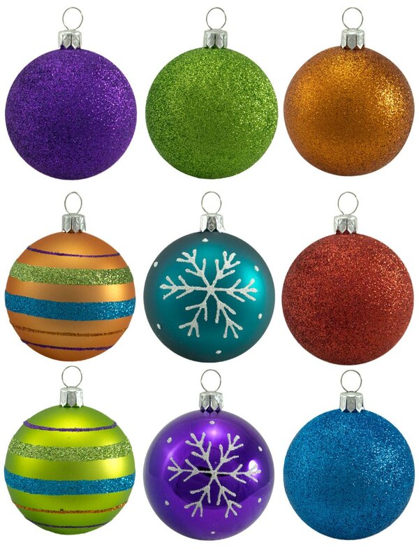 Bright & Glittered Coloured Christmas Tree Bauble Decorations - 9 x 60mm