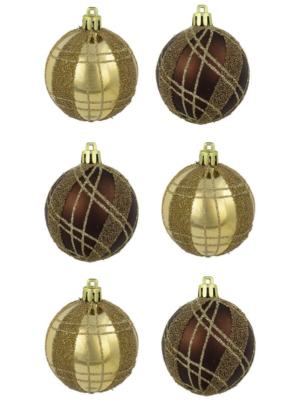 Brown Matte & Gold Metallic With Sprinkle & Glitter Detail Baubles - 6 x 60mm