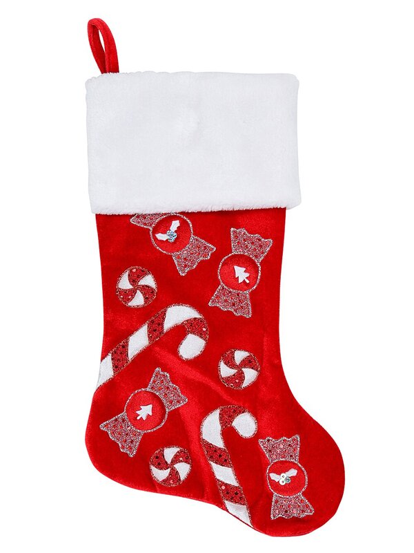 Candy Canes & Lollies Red Velvet With White Cuff Christmas Stocking - 48cm
