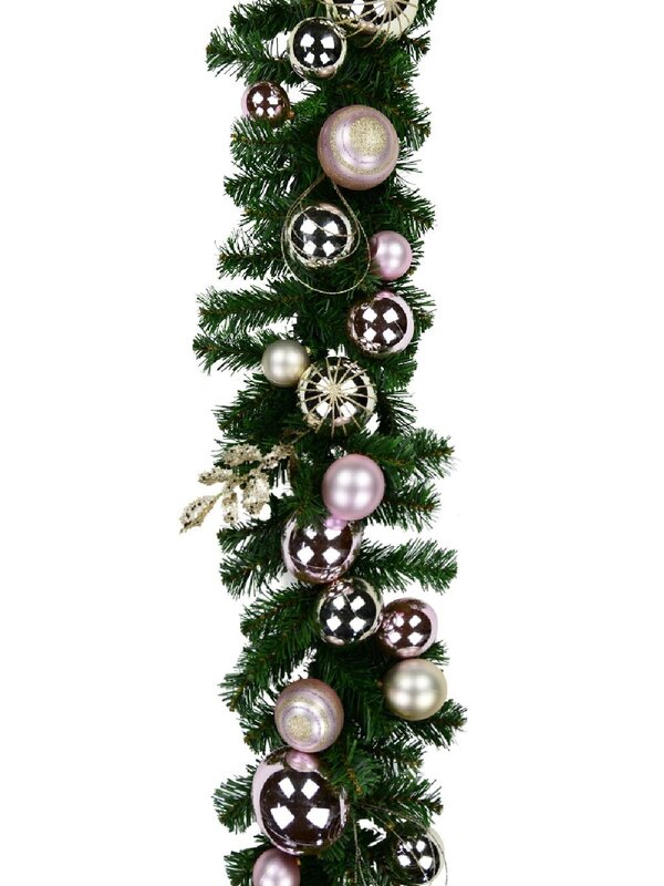 Champagne & Pink Bauble Decorated Garland With Ribbon - 2.7m