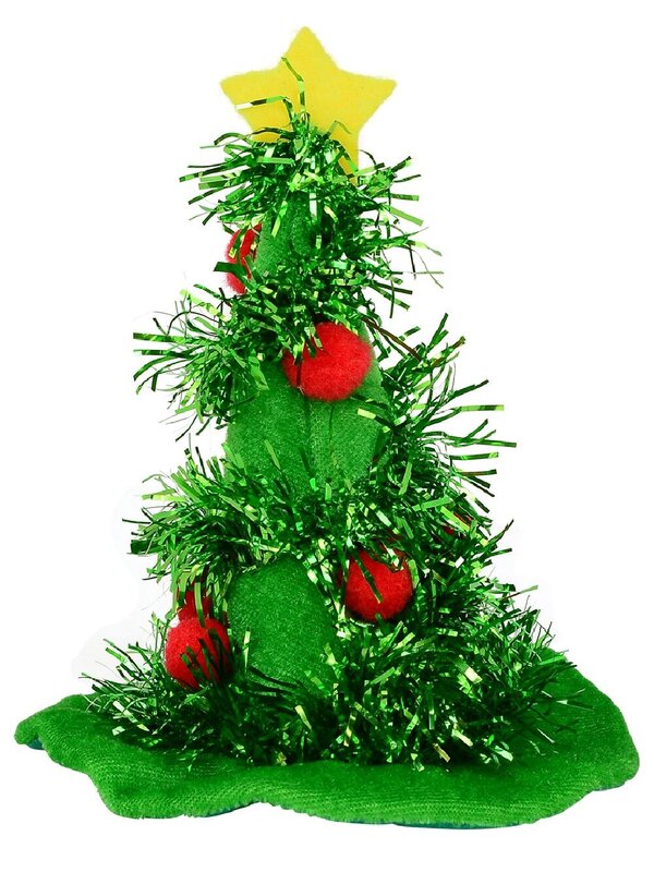 Christmas Tree Hat Hairpin With Tinsel, Balls & Star Decorations - 15cm