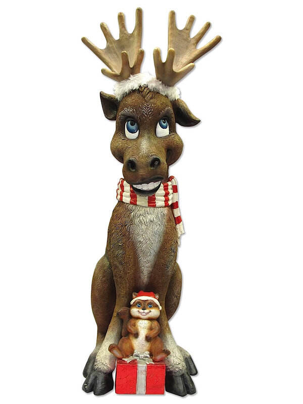 Comical Resin Moose With Chipmunk & Gift Decor - 1.2m