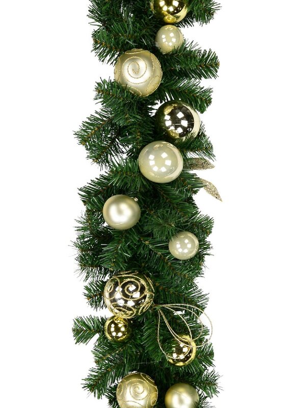 Decorated Gold & Champagne Bauble & Leaf Stem Pine Christmas Garland - 2.7m