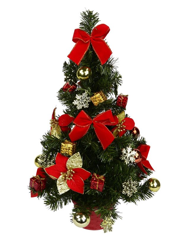 Decorated Red, Green & Gold Mixed Foliage & Floral Pine Table Top Tree - 60cm