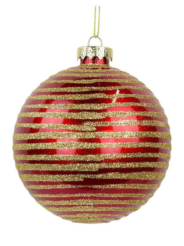 Deep Red Gloss Bauble with Gold Glitter Lined Design - 10cm