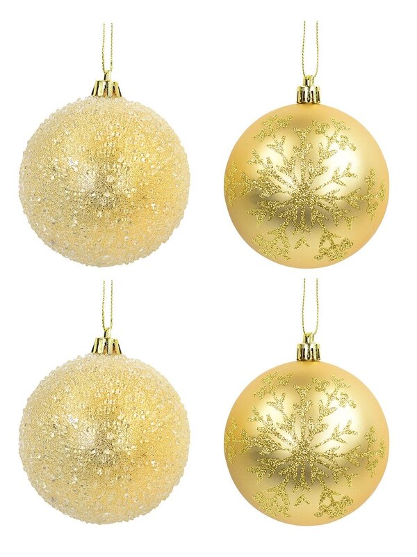 Encrusted & Snowflake Design Soft Gold Baubles - 4 x 80mm