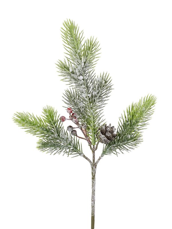 Frosted Pine Branch with Red Berries & Pine Cone - 30cm