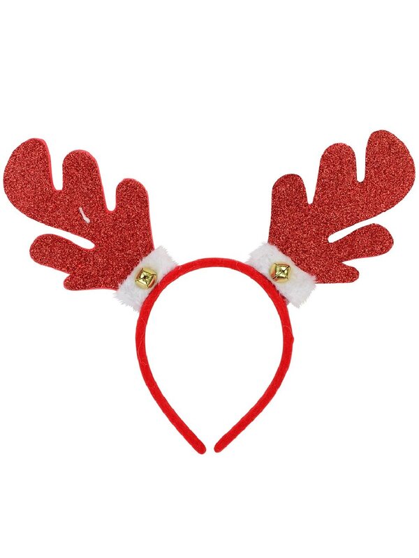 Glittered Reindeer Antlers Headband With Bell & Fluffy Cuff - One Size Fits Most