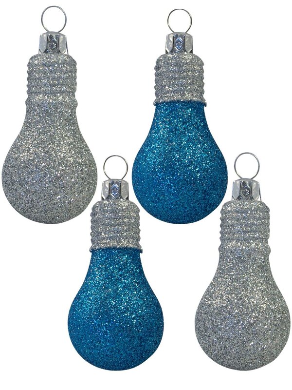 Glittered Turquoise & Silver Light Bulb Decorations - 4 x 70mm