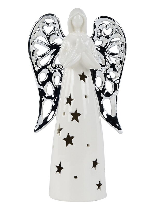 Glorious White Angel With Silver Wings Ceramic Christmas Ornament - 25cm
