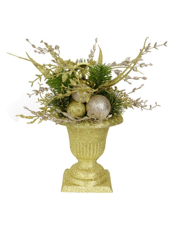 Gold Glitter Urn Vase with Green & Champagne Shrubbery - 30cm