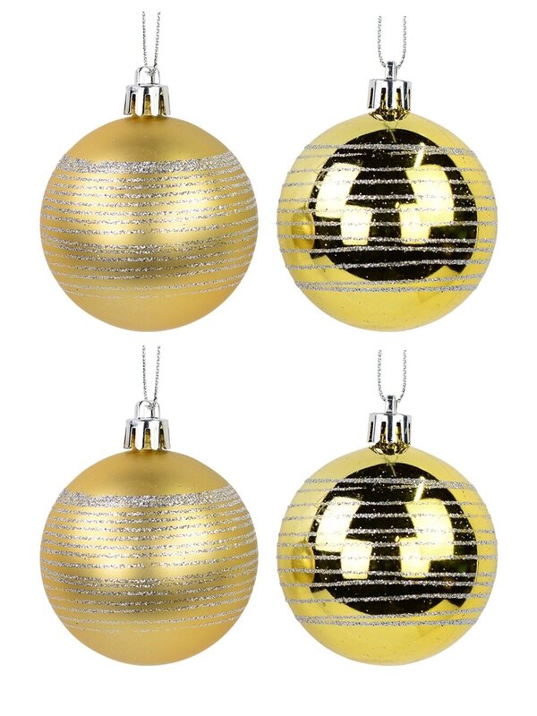Gold Matte & Gloss With Silver Glitter Stripes Baubles - 12 x 60mm