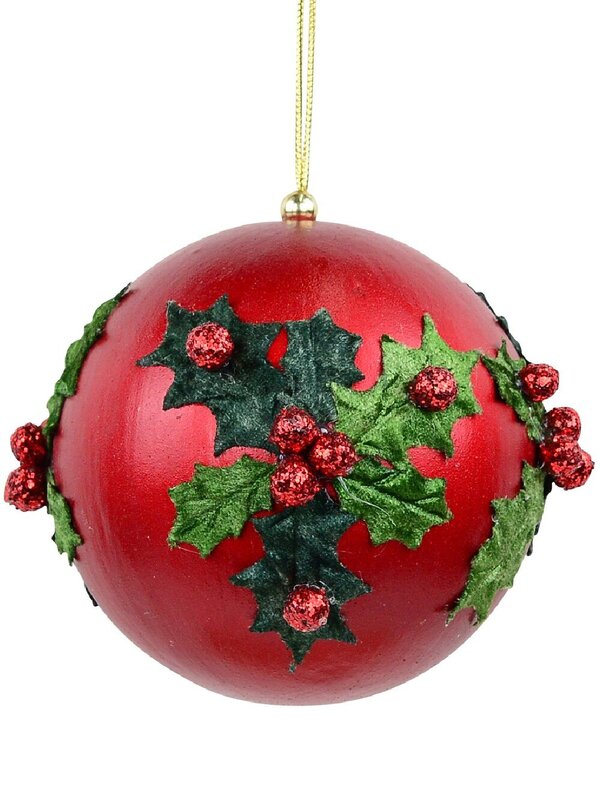 Green Antique Holly Red Bauble Christmas Tree Hanging Decoration - 11cm