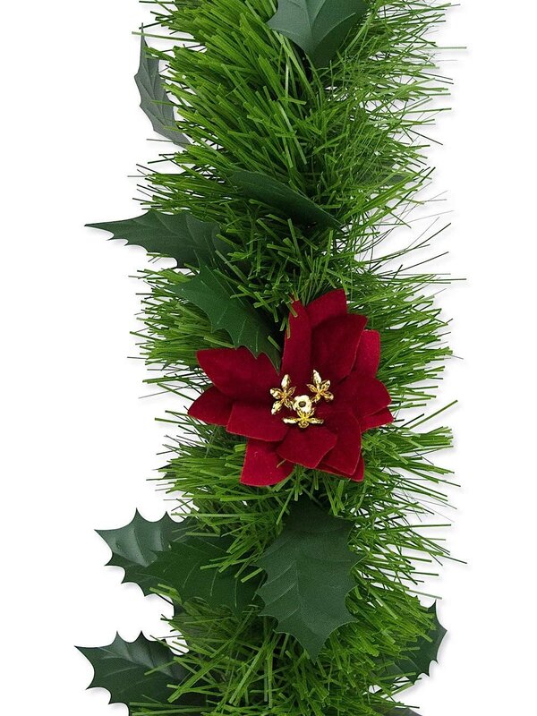 Holly Leaf & Poinsettia Pine Tinsel Garland - 5.5m