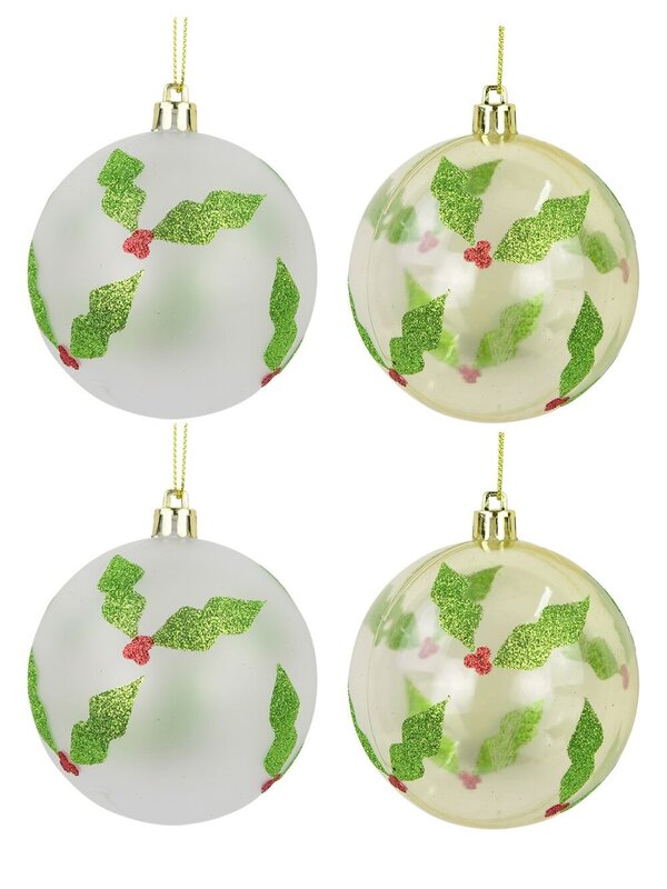 Holly Print Baubles In Pearl White & Clear Gold - 4 x 60mm