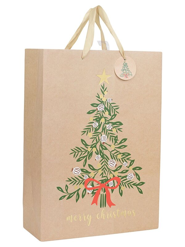 Large Natural Kraft Christmas Tree Gift Bag With Gold Foil | 42cm