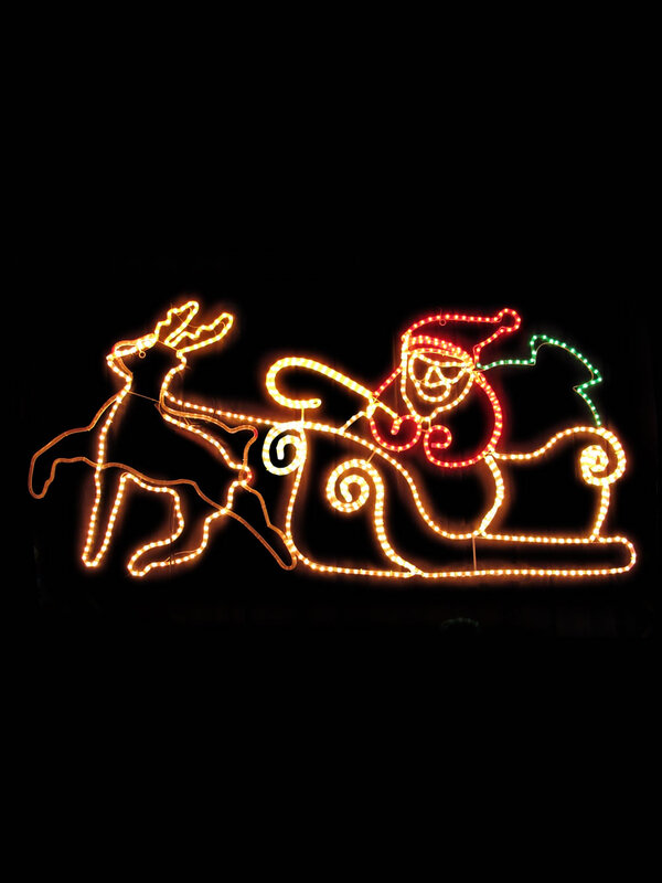 Large Santa In Sleigh With Flying Rudolph Rope Light Silhouette - 2m