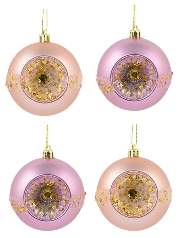 Matte Pink Baubles With Concave Side, Sequins & Frost Look Stripe - 4 x 80mm