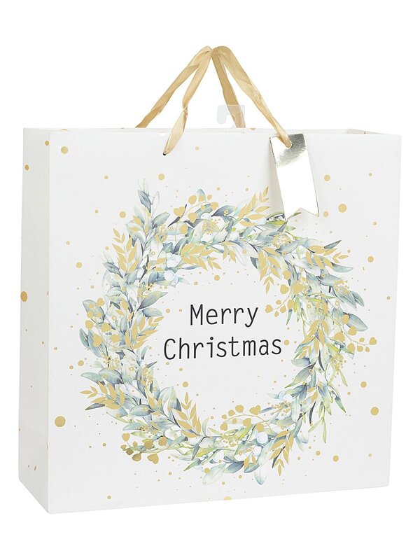 Medium Eggshell White Gift Bag With Merry Christmas & Foliage Wreath Print