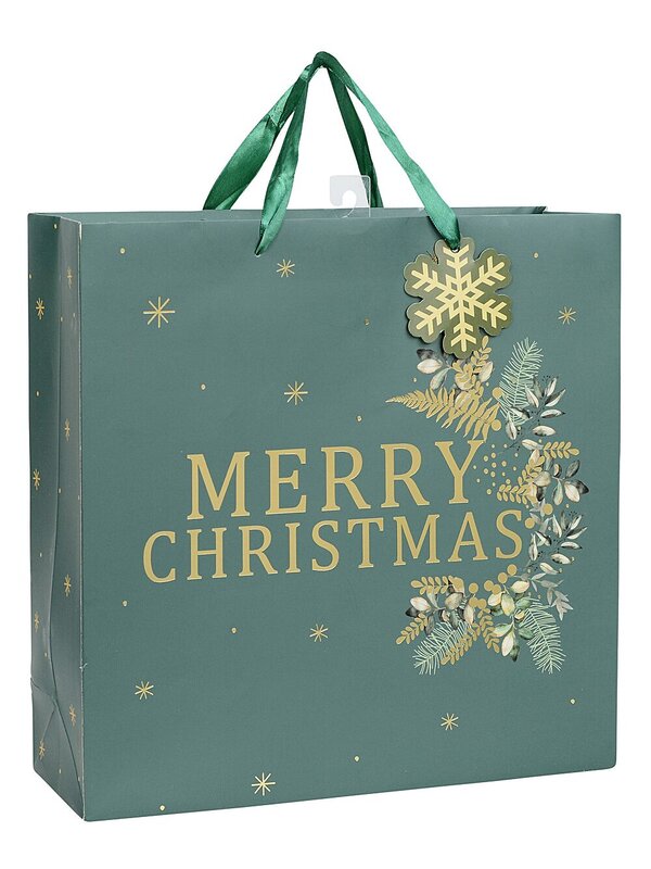 Medium Green Merry Christmas & Foliage Gift Bag With Gold Foil | 25cm