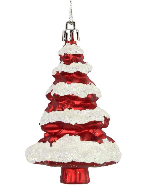 Metallic Red 3D Christmas tree With Snow Hanging Decoration - 11cm