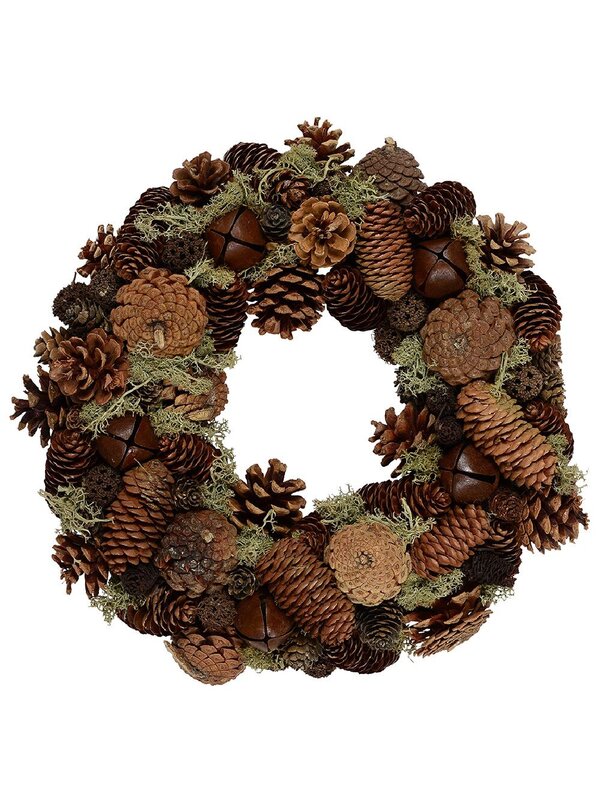Natural Christmas Wreath With Assorted Pine Cones, Moss & Bells - 32cm