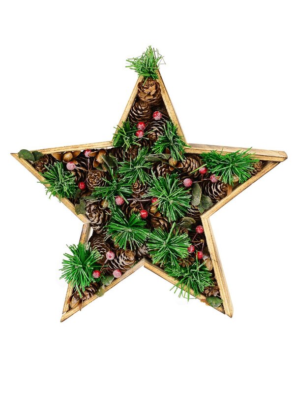 Natural Wooden 3D Star Ornament With Natural Pine Cones & Berries - 35cm
