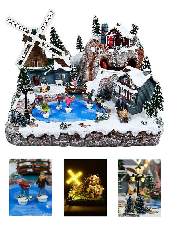 Pond Ice Skating, Windmill & Mountain With Train Christmas Village Scene - 48cm