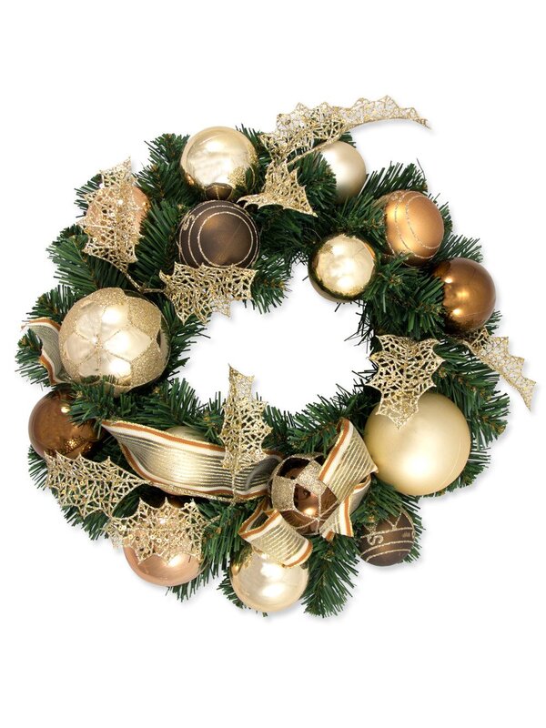 Pre-Decorated Chocolate, Copper & Champagne Bauble & Pine Wreath - 38cm