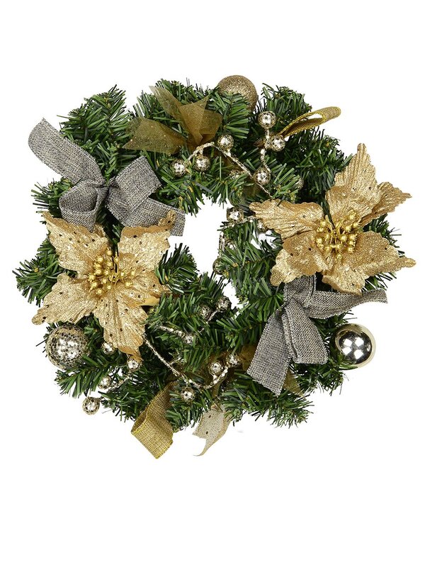 Pre-Decorated Gold & Champagne Poinsettia & Pine Wreath - 30cm
