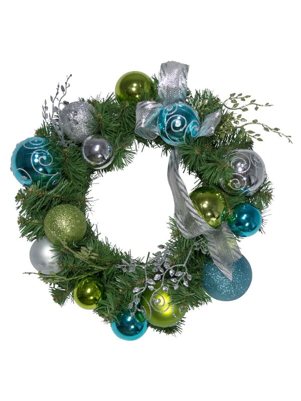 Pre-Decorated Lime, Silver & Turquoise Bauble & Pine Wreath - 38cm