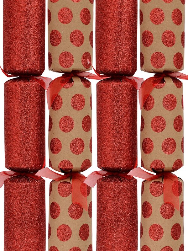 Red Full Glitter & Dots On Kraft Paper Christmas Cracker Bon Bons - 6 x 34cm