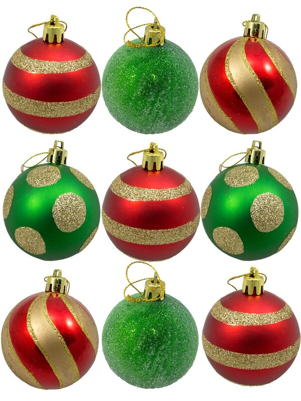 Red & Green Baubles With Assorted Patterns - 9 x 60mm