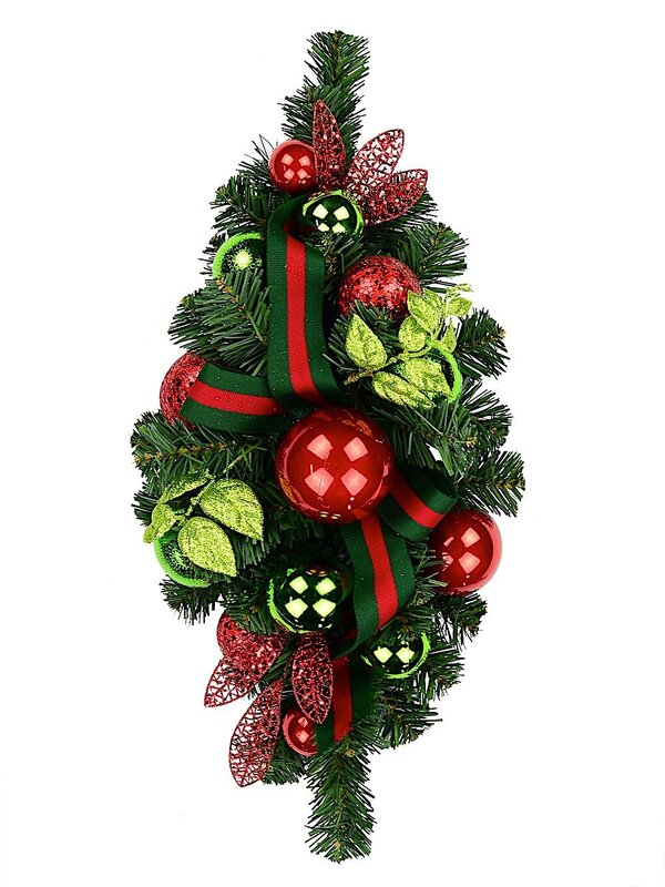 Red & Green Centrepiece With Baubles & Striped Ribbon - 64cm