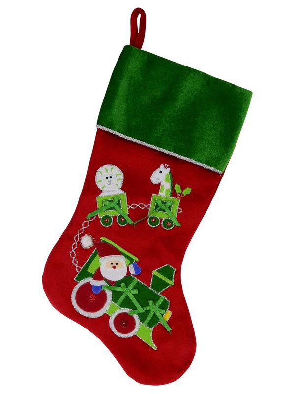 Red & Green Kids Velvet Stocking With Santa & Animal Train Applique - 46cm