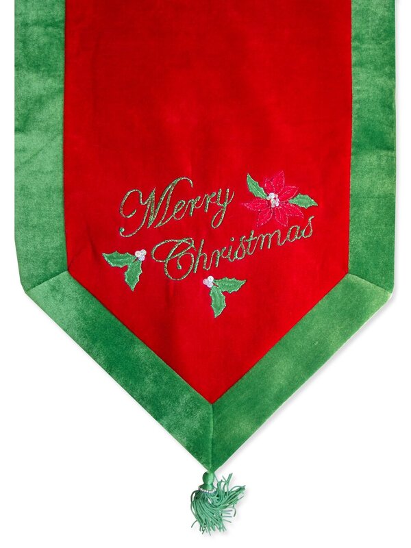 Red & Green Velvet Merry Christmas Table Runner - 1.8m