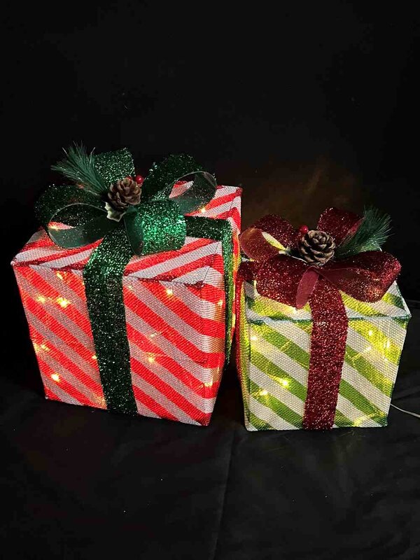 Red, Green & White Stripe Mesh 3D Gift Boxes With Warm White Lights - 30cm