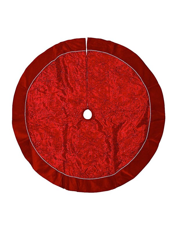 Red Organza With Red Velvet Trim & Silver Cord Christmas Tree Skirt - 1.2m