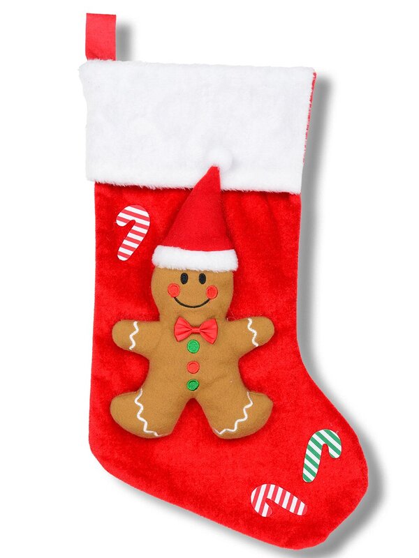 Red Velvet 3D Gingerbread Man Christmas Stocking With Faux Fur | 44cm