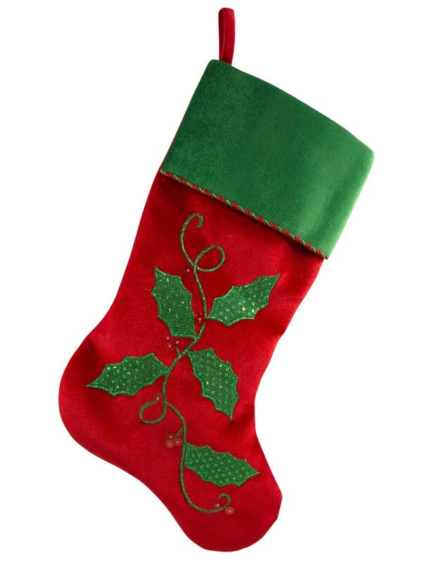 Red Velvet Stocking With Holly Vine - 47cm
