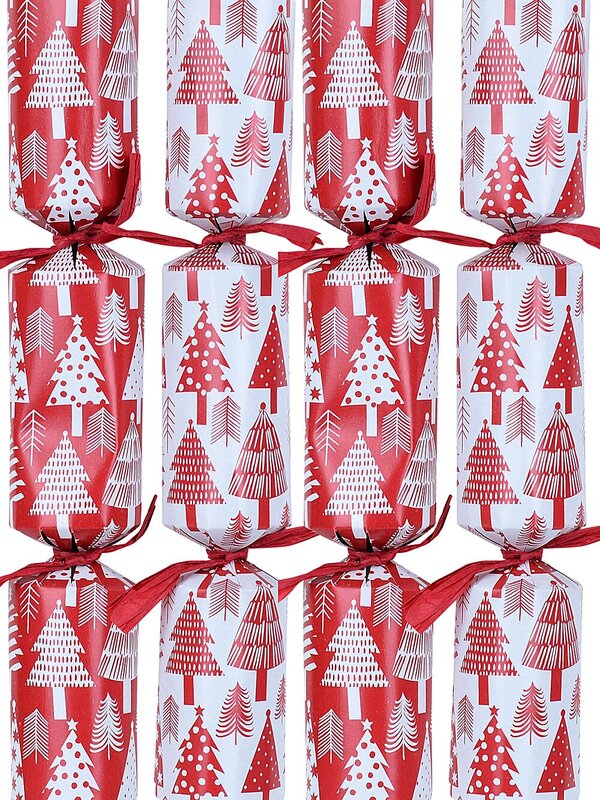 Red & White With Various Christmas Tree Styles Pattern Cracker Bon Bons - 12 x 30cm