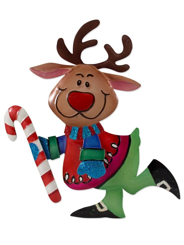 Reindeer Holding Candy Cane Hanging Tin Ornament - 15cm