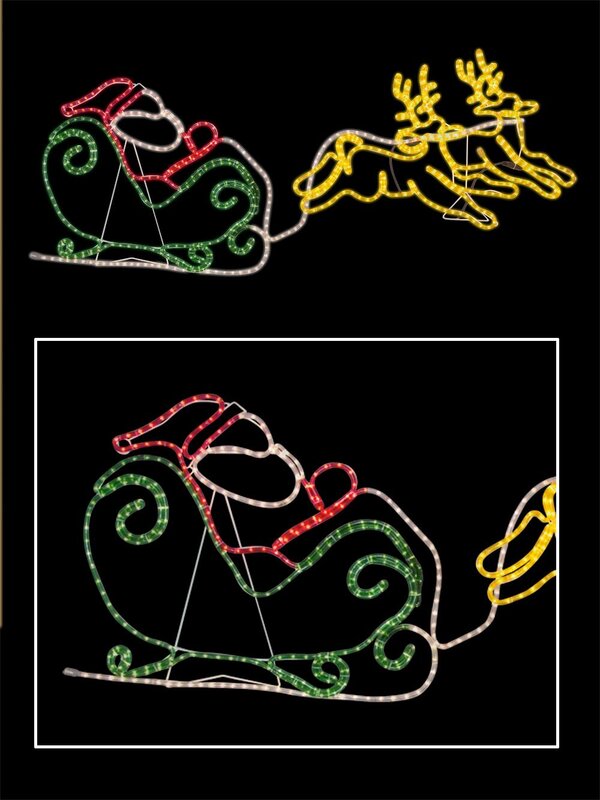 Santa Sleigh & Two Reindeers Rope Light Silhouette - 2.1m